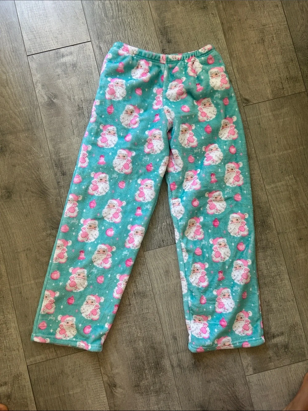 Girls' Teal Holiday Pajama Pants with Pink Santa Print